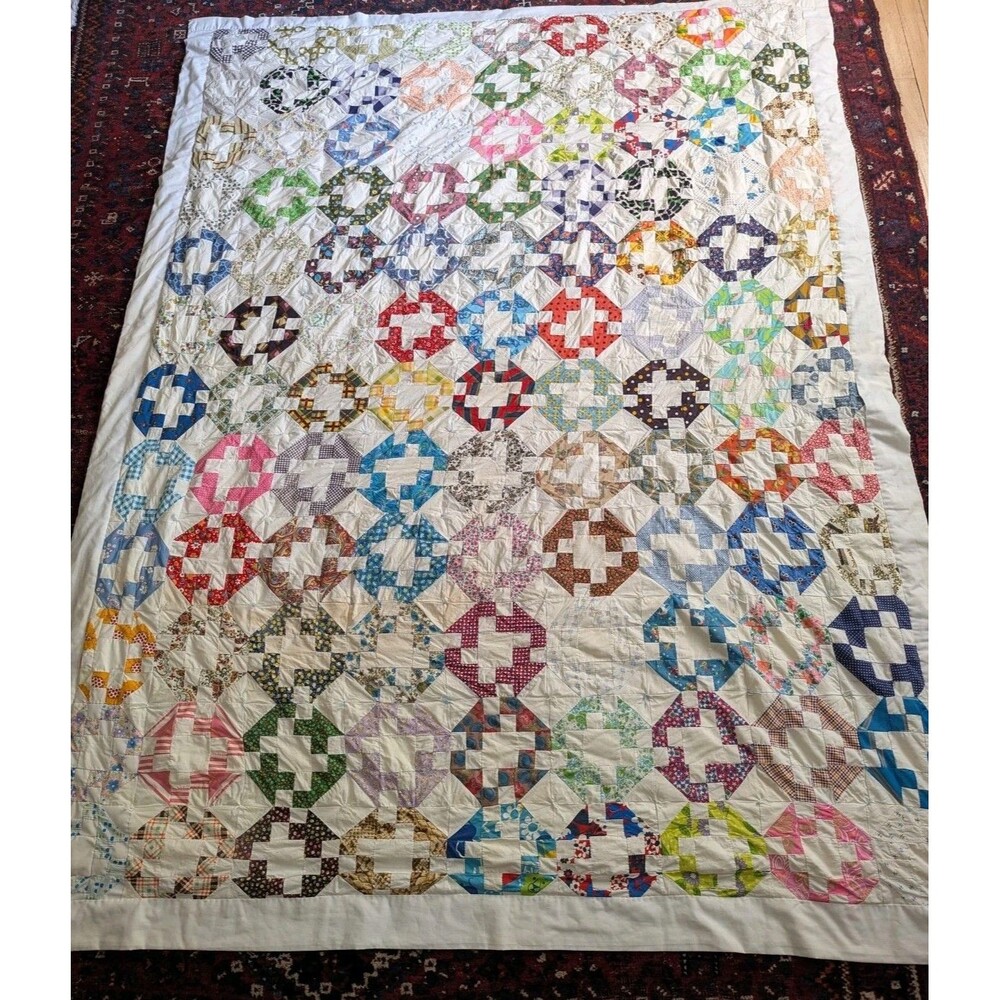 Vintage Quilt Handmade 60s Fabric Churn Dash Patchwork Tied Colorful New Backing